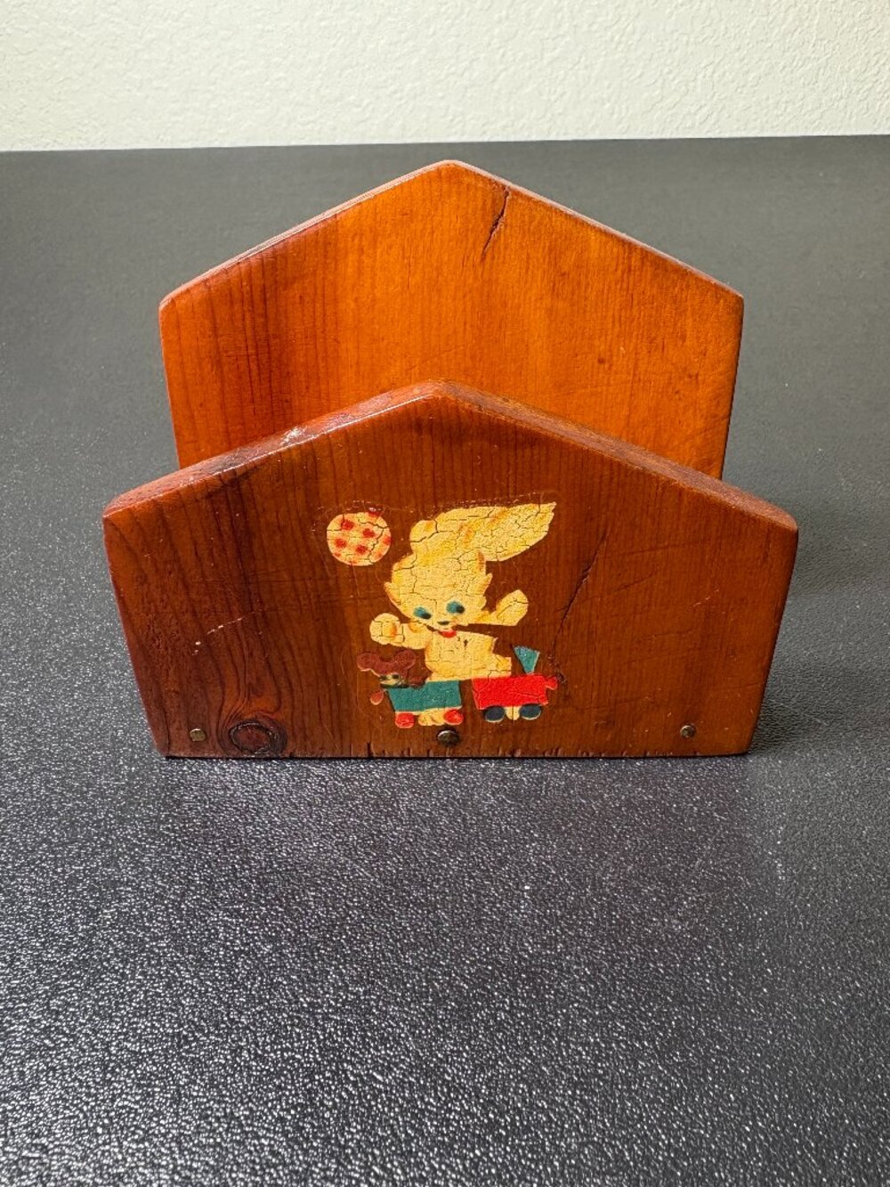 Vintage 1950's Handmade Wooden Napkin Holder with Cute Little Dog